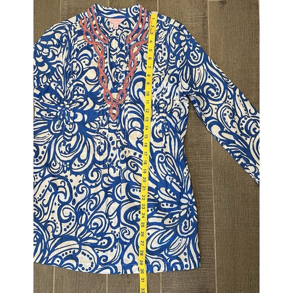 Lilly Pulitzer Sarasota Beaded Tunic Size Medium Cotton Blue V Neck Paisley - Picture 6 of 11